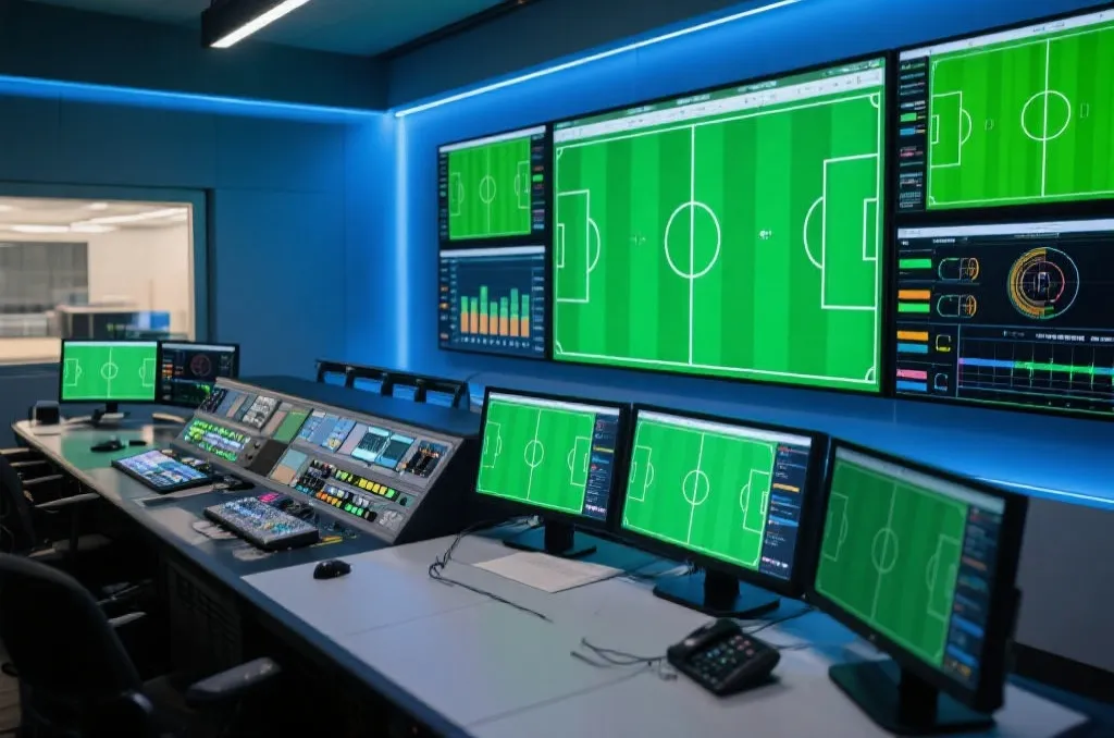 A modern digital sports broadcasting control room with multiple screens showing green soccer field layouts and charts, professional atmosphere
